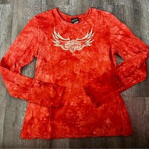 Y2K‎ Harley Davidson Motorcycles Red Tie Dye Long Sleeve T-Shirt Sz X-Large